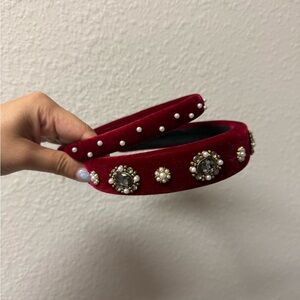 Embellished Velvet Headband in Deep Red